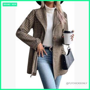 Long Wool Plaid Blazer Trench Coat with Notch Lapel